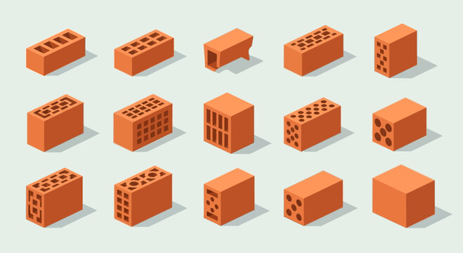 Set of Isometric Orange Clay Bricks and Building Blocks Vector