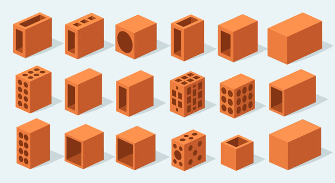 Isometric Set of Red Clay Bricks and Construction Blocks