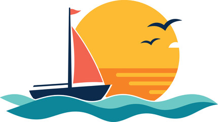 Naklejka premium Nautical sailboat logo vector, summer sunset ocean waves, minimalist sailing boat icon for travel