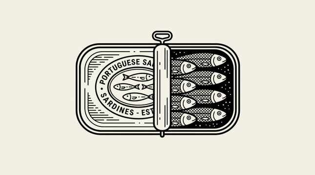 Vintage Portuguese Sardines Tin Illustration in Line Art Style