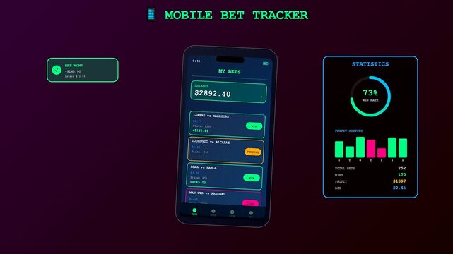 A sleek motion graphic showcasing sports betting analytics through a futuristic mobile application interface with dynamic data updates and neon accents for professional gambling tracking