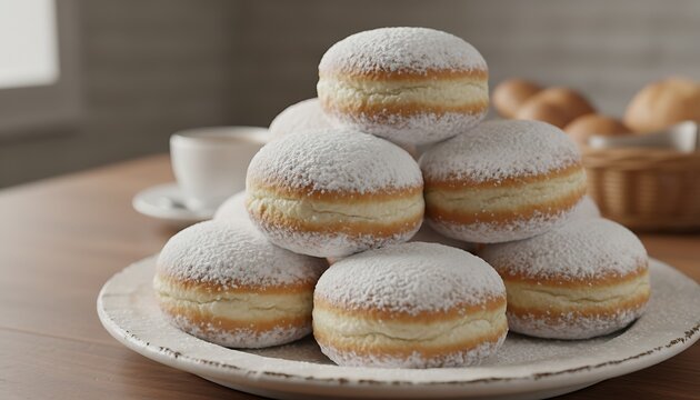 Fresh Powdered Sugar Donuts Stacked on Plate in Cozy Kitchen