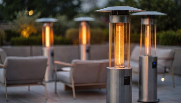Electric patio heaters in medium shot focused on sleek design near blurred garden chairs enhancing modern outdoor event comfort.