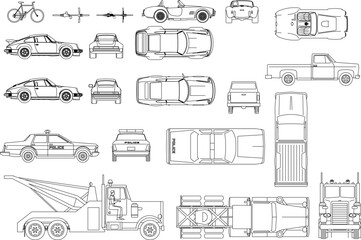 Minimalist architectural vector set of vehicles, featuring technical top, side, and front elevation views of various cars. © Riki