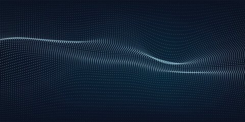 Obraz premium Dynamic particles sound wave flowing over dark. Blurred lights vector abstract background. Beautiful wave shaped array of glowing dots.