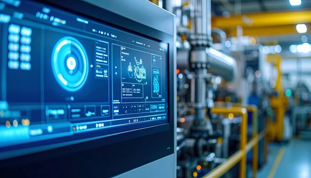 Factory Control Room with Data Display Screen
