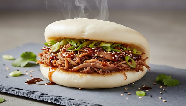 Steamed Buns Filled with Juicy Pulled Pork and Greens on Slate