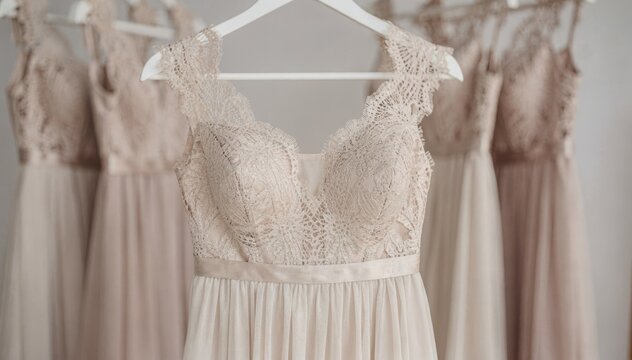 Crisp medium shot of beige and cream bridesmaid dress intricate lace patterns sharp on main dress while the coordinated party dresses blend softly into the background.