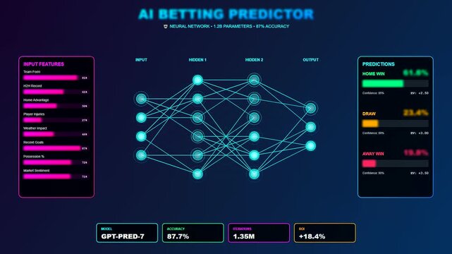 A futuristic interface showcasing Sports Betting Analytics through a dynamic neural network that evolves its predictions based on real time sports data and machine learning