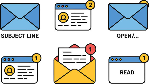 Email status workflow illustration, sequence showing subject preview open and read tracking for marketing analytics and modern interface design.