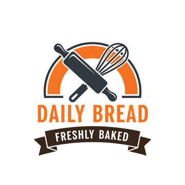 Bakery logo design with rolling pin and whisk emblem.