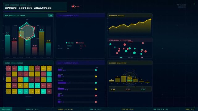 A futuristic digital interface showcasing real-time sports betting analytics through dynamic data visualizations and complex mathematical models designed for professional gaming and risk management
