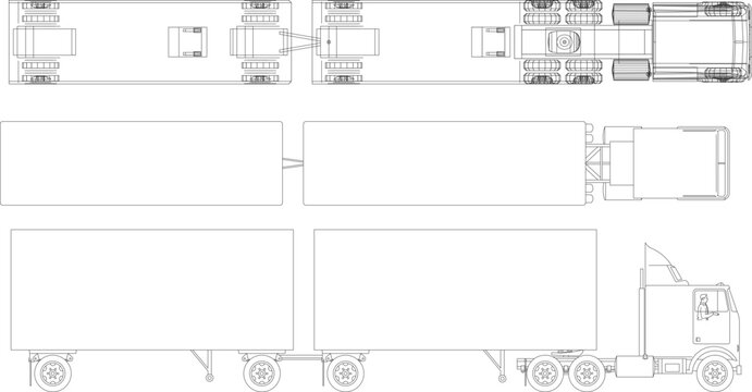 Technical engineering drawing of heavy trucks showing top plan and side elevation views of semi-trailers and road trains in CAD style.