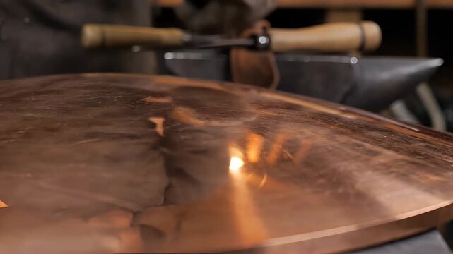 Closeup of a craftsman hammering a cymbal in a workshop.