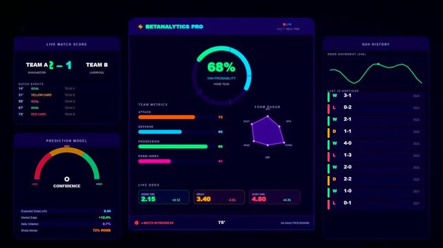 This futuristic interface of Sports Betting Analytics illustrates evolving win probabilities and complex performance telemetry across a live match to empower strategic wagering decisions