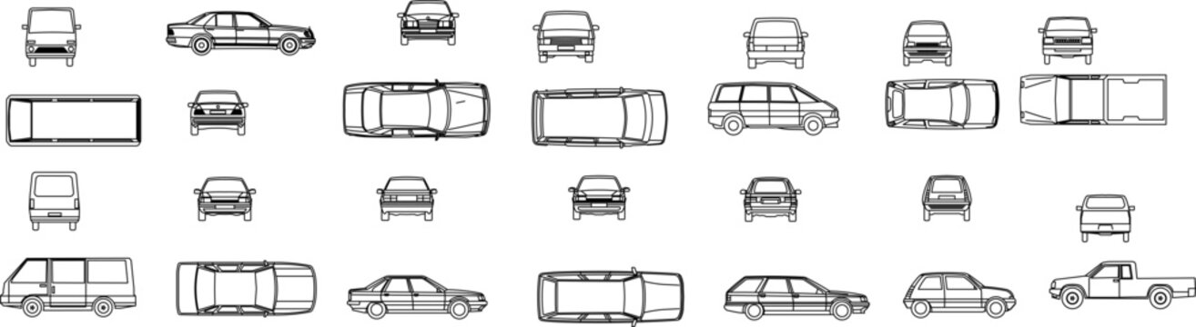 Technical drawing collection of various vehicles including cars, vans, and trucks showing front, rear, side, and top orthographic views in CAD style.