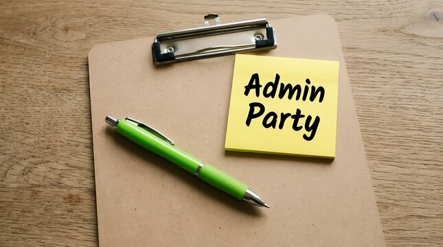 A green pen rests on a clipboard next to a yellow sticky note with the words Admin Party written in black ink 164 characters writing office supplies planning celebration event