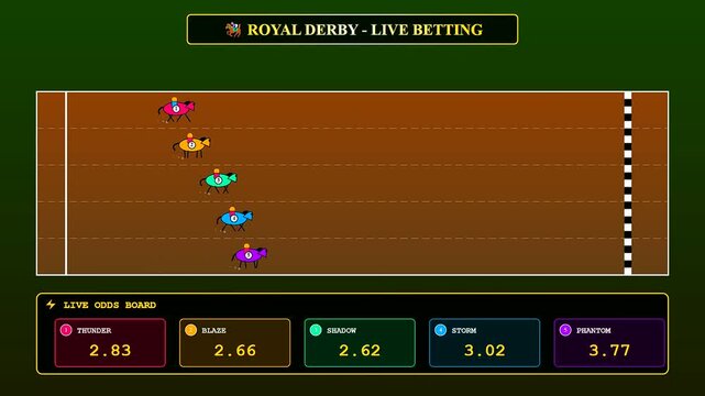 An interactive interface showcasing sports betting analytics through a stylized animal race with real time updating odds reflecting the volatile nature of digital gambling