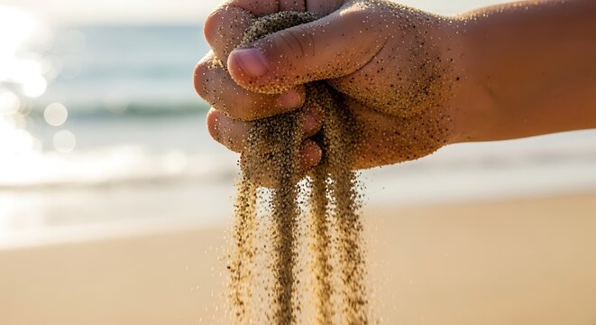 Handful of sand slipping through fingers at the beach with ocean waves in background