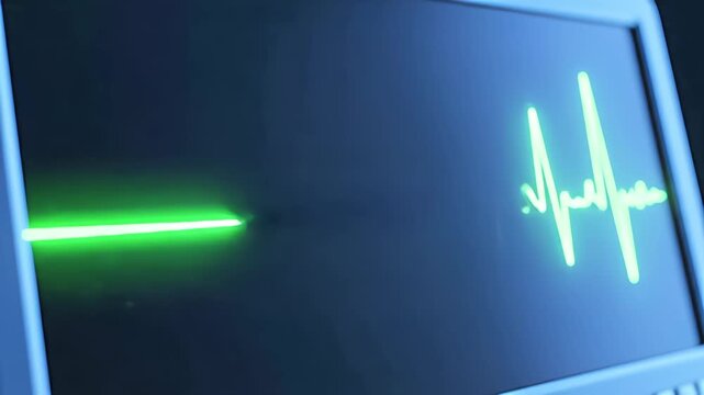 Green glowing electrocardiogram line showing normal heartbeat then flatlining to indicate cardiac arrest on a medical monitor