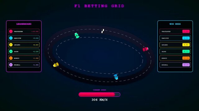 A sophisticated interface for sports betting analytics showcasing a stylized digital race track with neon cars competing while updating real time odds and leaderboards
