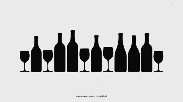 A minimalist black and white logo design features wine bottles and glasses