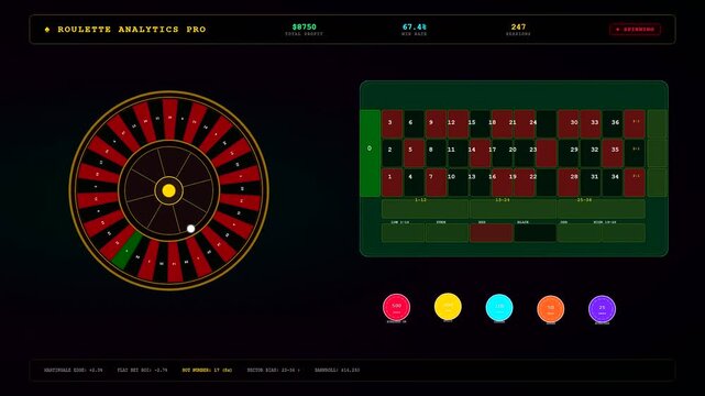A sophisticated sports betting analytics interface displays a spinning virtual roulette wheel alongside complex probability data to optimize gambling strategies in digital casino environments