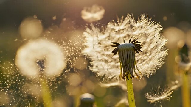 Closeup of Dandelion Seed Heads Dispersing Seeds in Sunlight.
