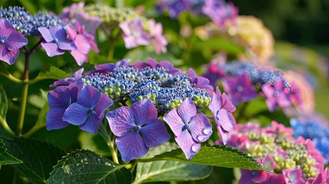 Closeup of Vibrant Hydrangea Flowers in Bloom.