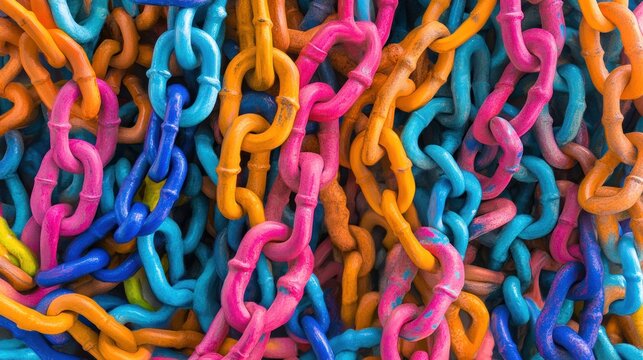 Colorful chain links, abstract background of vibrant links,  closeup view of tangled colorful chains
