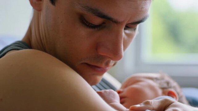 V&iacute;nculo sagrado: Primer plano de un padre joven mirando con ternura y serenidad a su beb&eacute; reci&eacute;n nacido en brazos.
