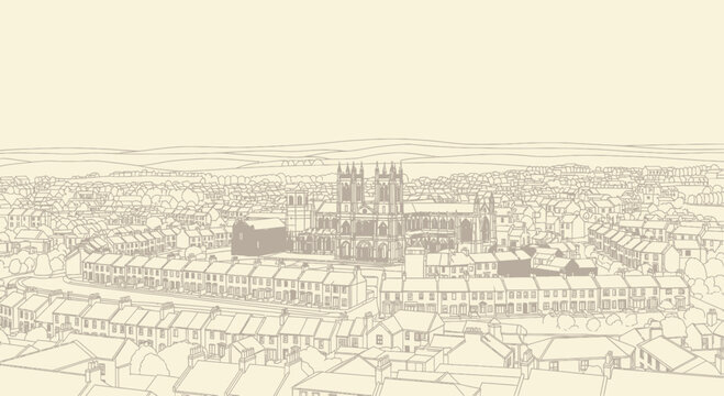 Detailed Architectural Sketch of a Historic Cathedral and Surrounding Cityscape.
