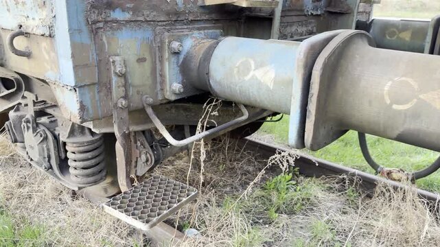 Train wagon buffers coupling mechanism close up
