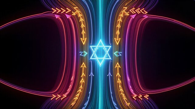 Neon arrows flow around glowing Star of David vibrant colors against