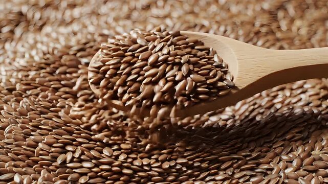 Closeup of Flaxseeds being scooped with a wooden spoon.