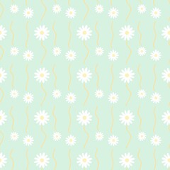 Fototapeta premium White daisy flowers with yellow centres and wavy lines on a mint green background. Delicate floral seamless pattern for feminine stationery and wrap.
