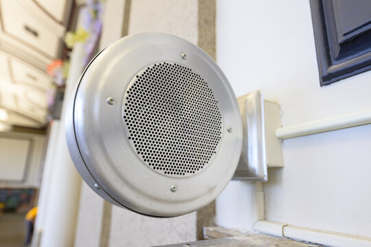 close up round vintage Dukane School PA Speakers aluminum  school announcement speaker