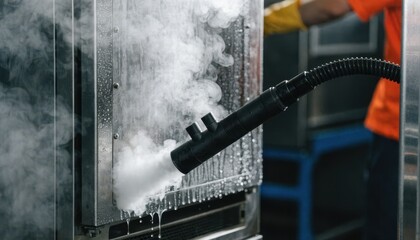 Naklejka premium Steam cleaner nozzle targeting the surface of a rental fridge door steam clouds visible workers arm in background out of focus.