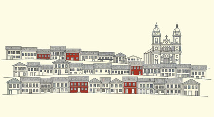 Obraz premium Historic Colonial Cityscape with Grand Cathedral and Row Houses.