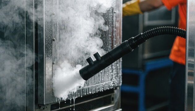 Steam cleaner nozzle targeting the surface of a rental fridge door steam clouds visible workers arm in background out of focus.