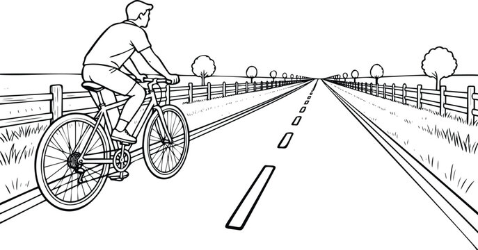 Man riding bicycle on long straight road line art conceptual journey illustration