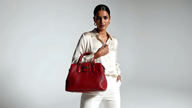 Elegant Woman Poses with Red Handbag.