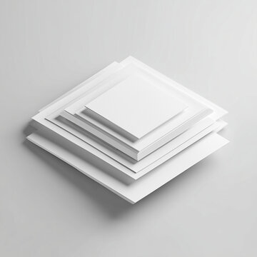 Minimalist stack of blank white square paper flyers on a neutral background