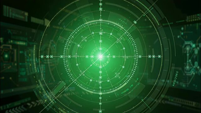 Futuristic green digital radar cloud target display screen interface providing circular motion scanning intensity within