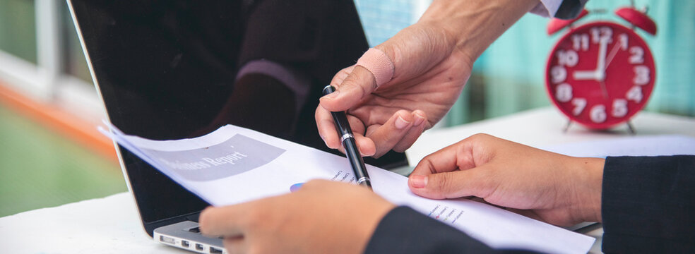 Banner Mission team meeting team BusinessPeople teamwork with copy space. Banner Business strategy team report chart, graph, infographic data analyze financial report plan. Teamwork collaborate