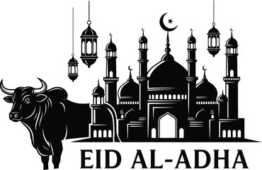 Eid al adha mubarak islamic mosque sacrifice animal illustration for festive greetings © Jobax