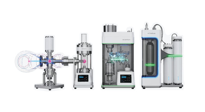 Advanced scientific instruments and equipment analytical machines vacuum chambers gas cylinders arranged on a white background with laboratory equipme