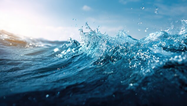 Close-up of a breaking wave, sparkling with sunlight under a clear blue sky