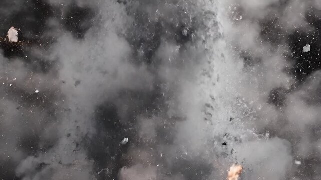 Explosion of white powder and smoke against a black background.