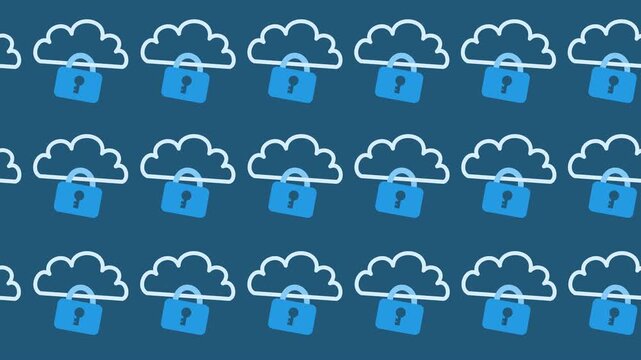 Seamless pattern of cloud icons with secure padlocks for cloud security background animation. Abstract wallpaper screen with secure data storage and privacy for cloud computing banner.